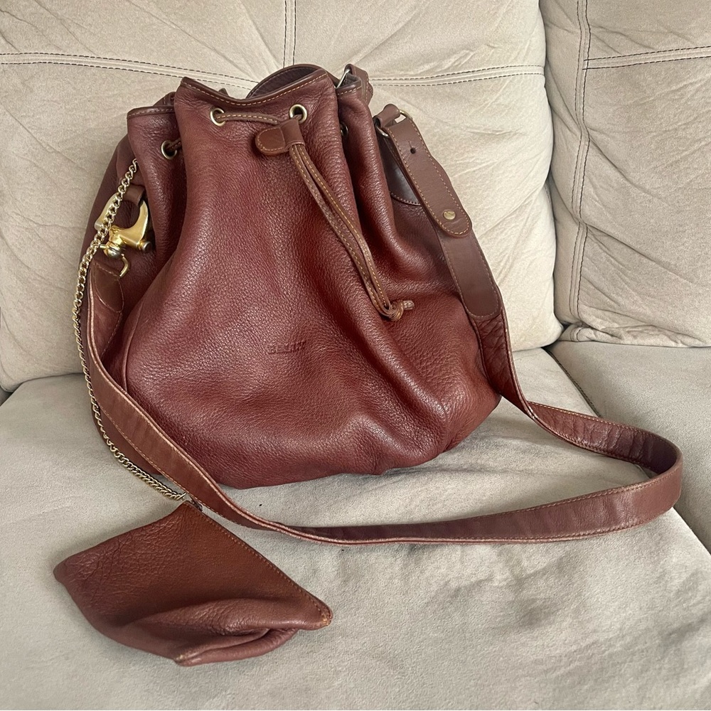 Bally Brown Leather Drawstring Bucket Bag with Gold Hardware